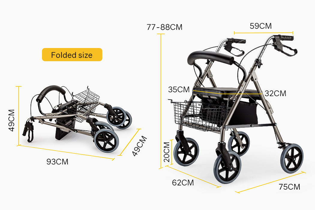 EQUIPMED Foldable Rollator Walking Frame Outdoor Indoor Mobility Walker Aids