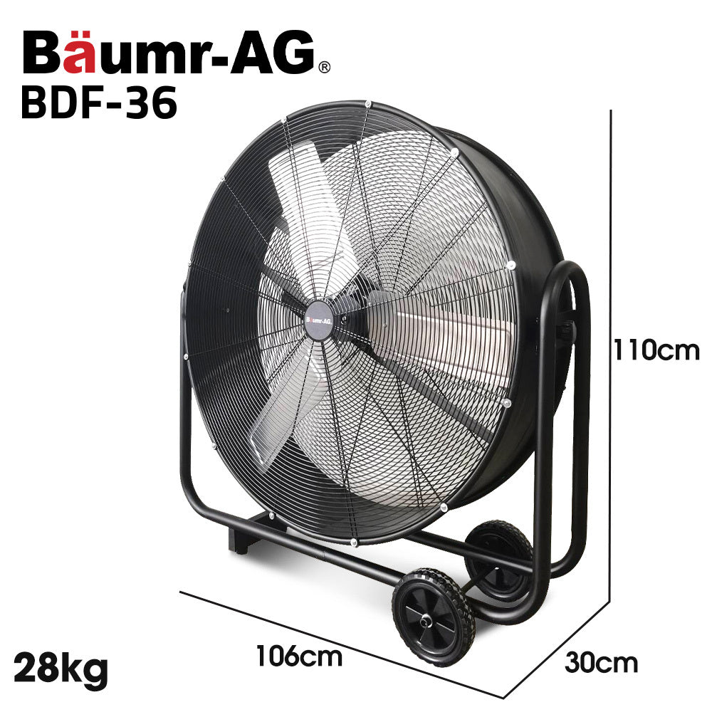 BAUMR-AG 36" 914mm Industrial Mobile Floor Drum Fan, 290W Brushless Motor, Tilting, Large, Commercial, Heavy-duty Frame, EESS Certified