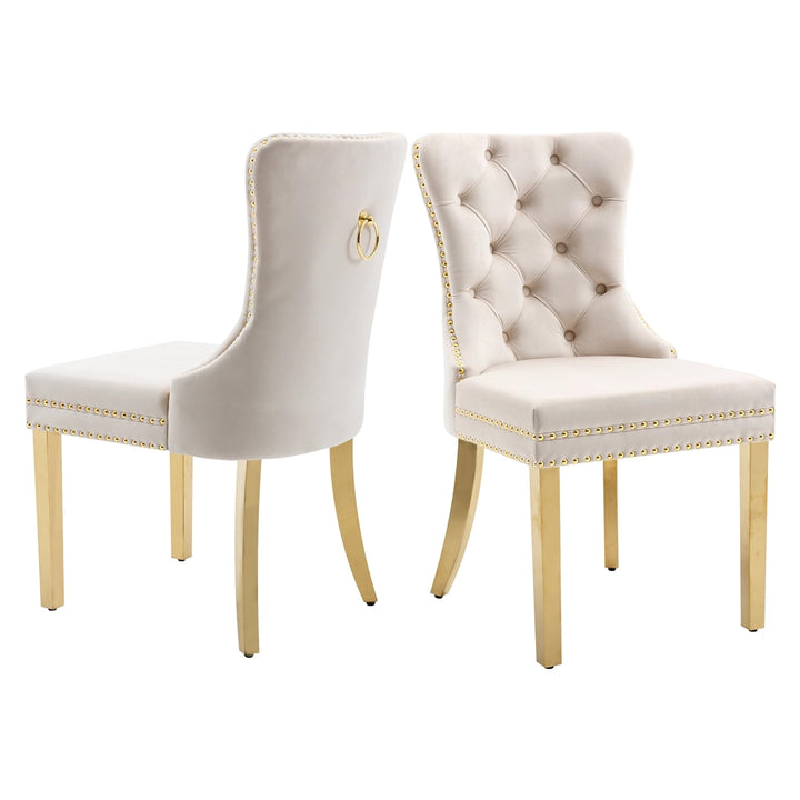 AADEN 2x Velvet Dining Chairs with Golden Metal Legs-Beige