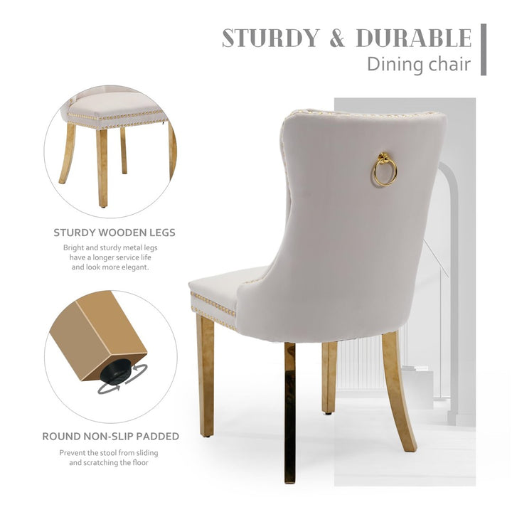 AADEN 2x Velvet Dining Chairs with Golden Metal Legs-Beige