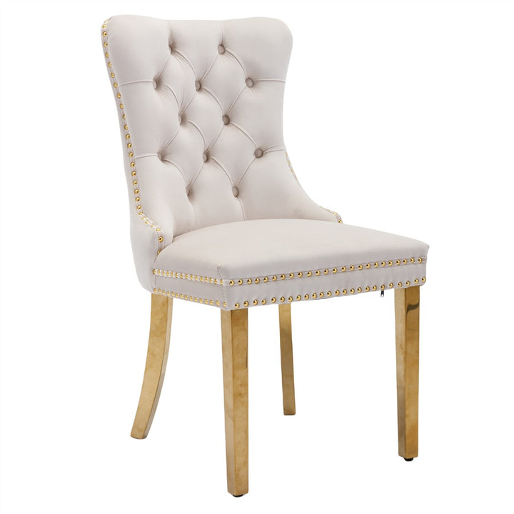 AADEN 2x Velvet Dining Chairs with Golden Metal Legs-Beige