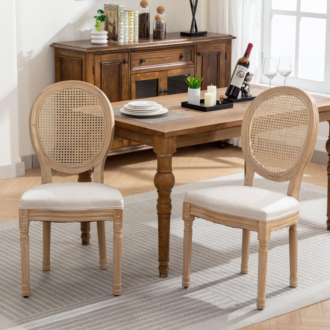 AADEN 2x Rattan Dining Chairs with Solid Wood Legs- Beige