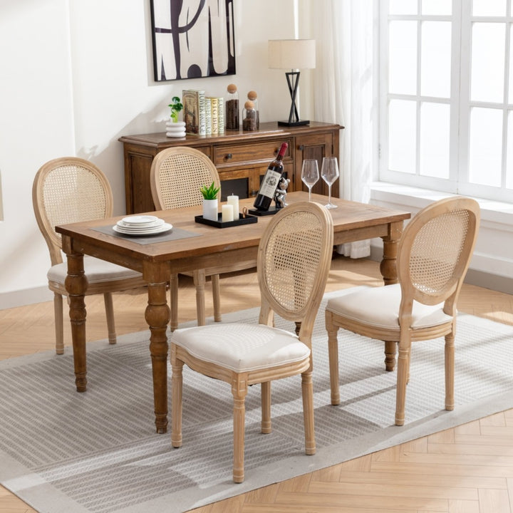 AADEN 4x Rattan Dining Chairs with Solid Wood Legs- Beige