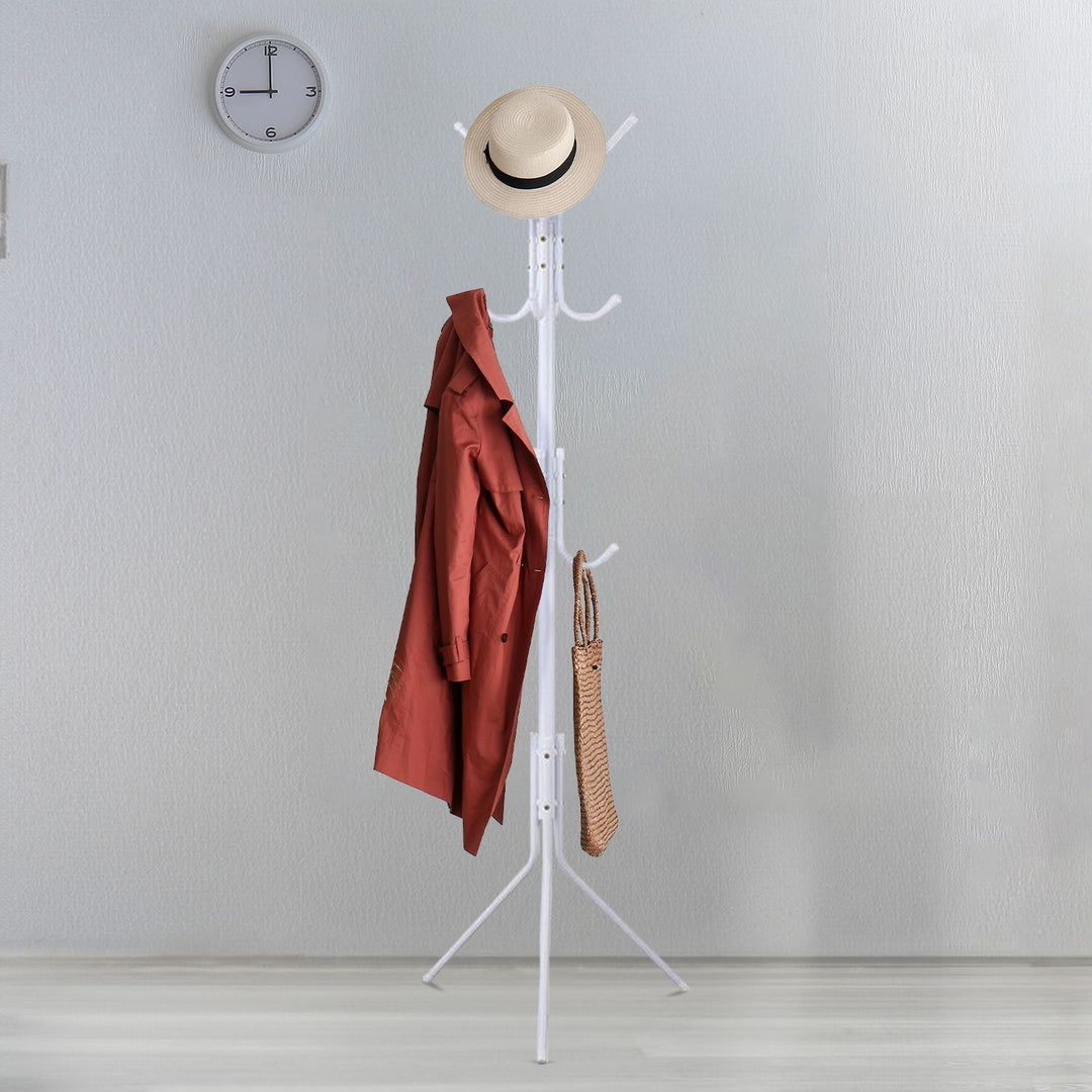 EKKIO 12 Hook Metal Coat Rack Stand with 3-Tier Hat Hanger (White)