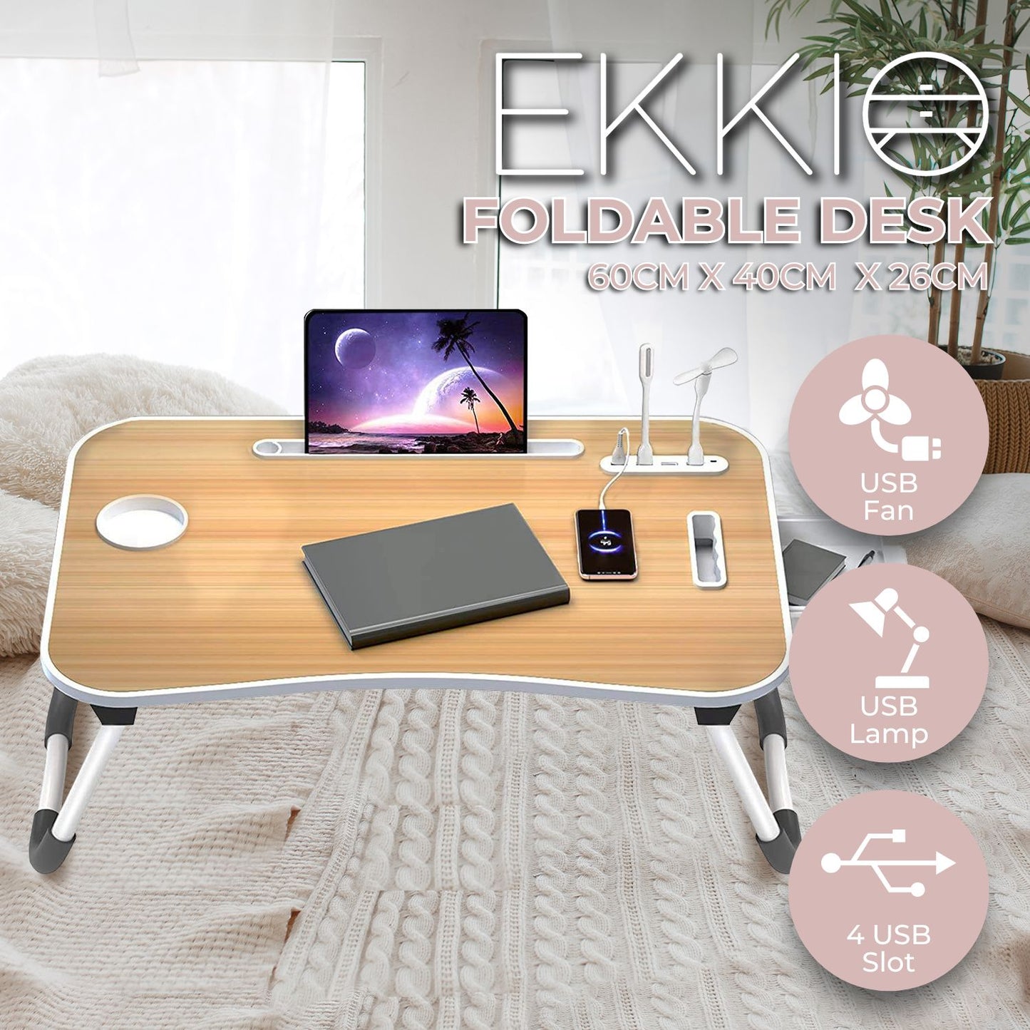 EKKIO Multifunctional Portable Bed Tray Laptop Desk with USB Charge Port (burlywood)