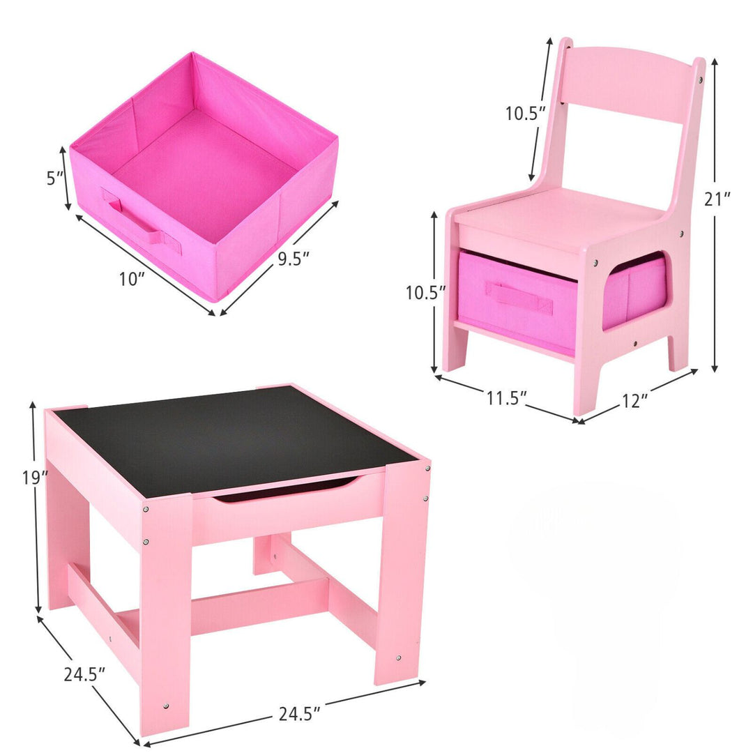 EKKIO 3PCS Kids Table and Chairs Set with Black Chalkboard (Pink)