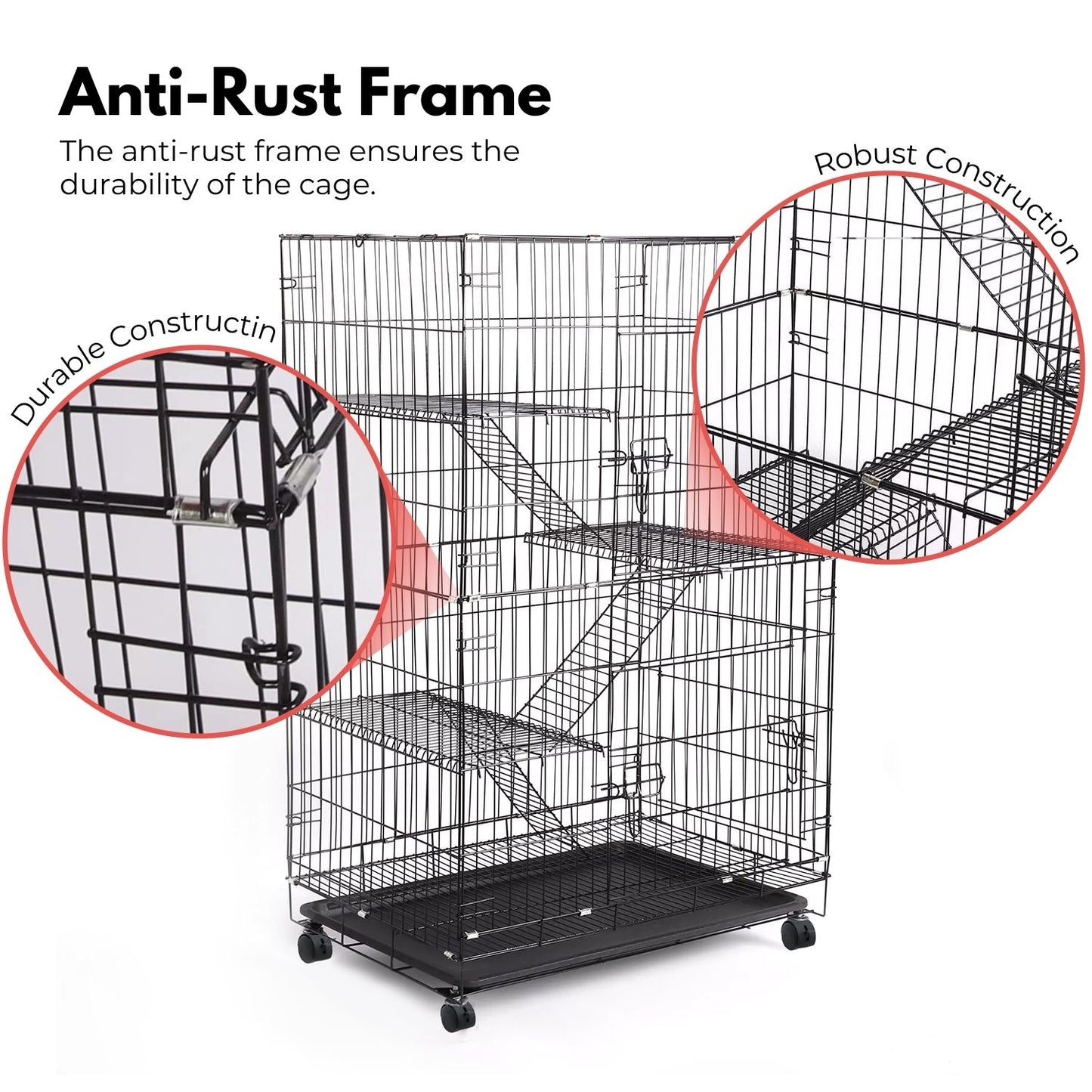 FLOOFI Three-Level Pet Rabbit Bird Cage with Hammock (Black)