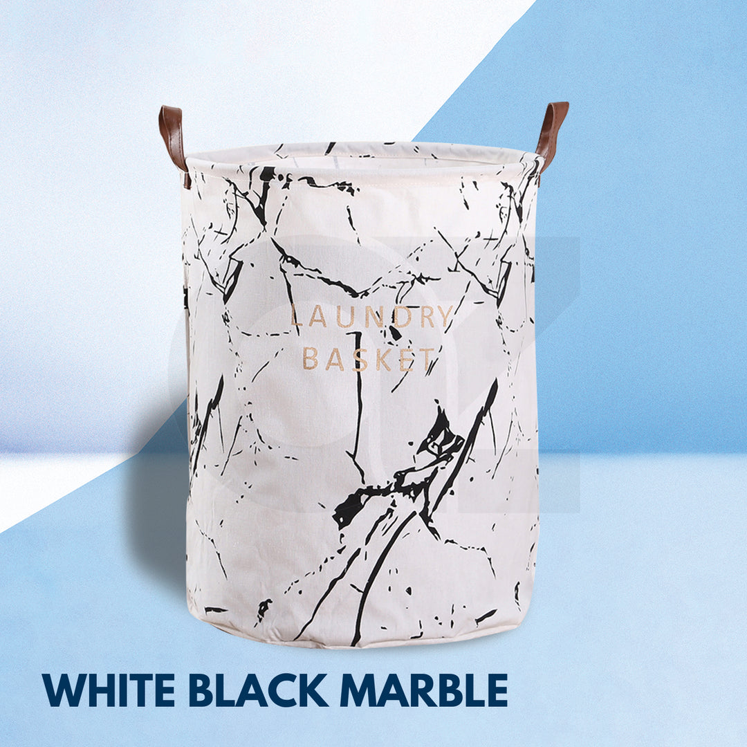 GOMINIMO Laundry Basket Round Foldable White Black Marble