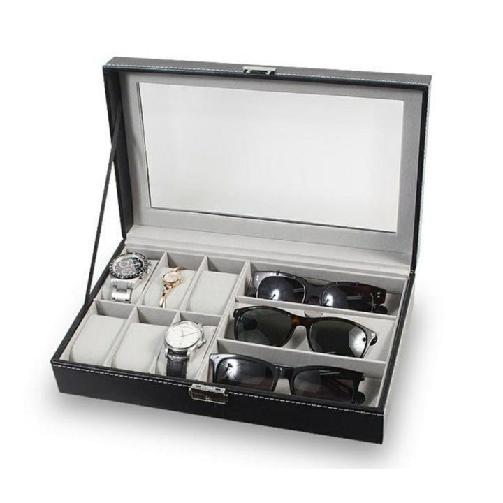 GOMINIMO 6-Slot Watch Box with 3-Slot Eyeglasses PU Leather Display Case (Black)