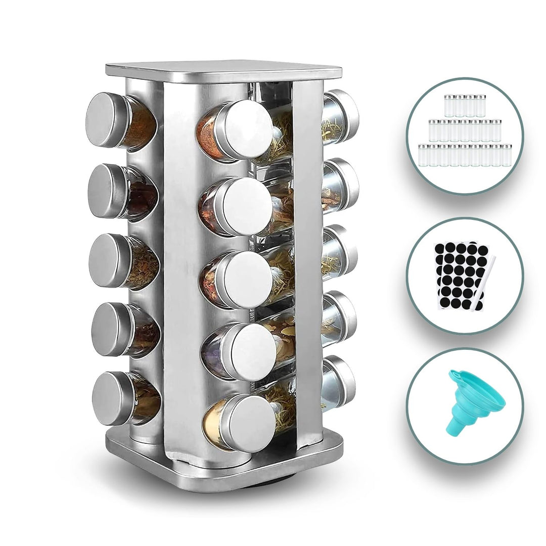 Gominimo Quadrate Rotating Spice Rack Organizer (20 Jars) with Label Sticker and Silicone Funnel