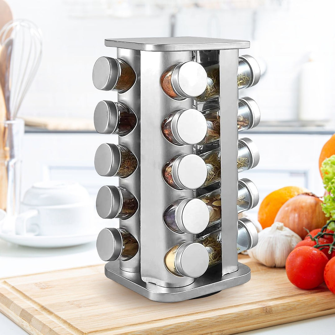 Gominimo Quadrate Rotating Spice Rack Organizer (20 Jars) with Label Sticker and Silicone Funnel