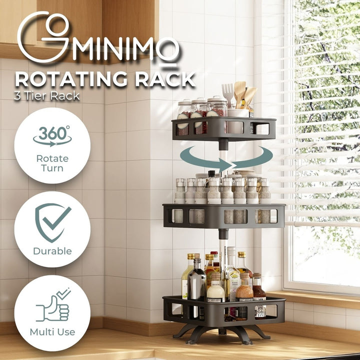 GOMINIMO 3 Tier Rotating Spice Rack Square Shape (Black)