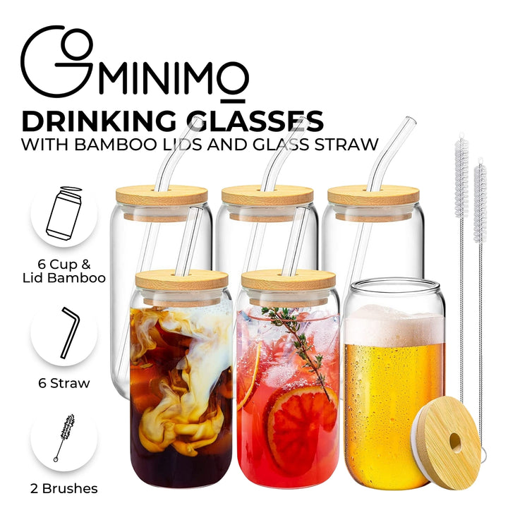 GOMINIMO 6 Pcs Clear Drinking Glasses with Bamboo Lids and Glass Straw(16 Oz )