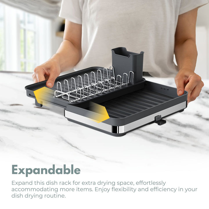 GOMINIMO Expandable Dish Drying Rack with Removable Cutlery Drainer and Utensils Holder (Black)