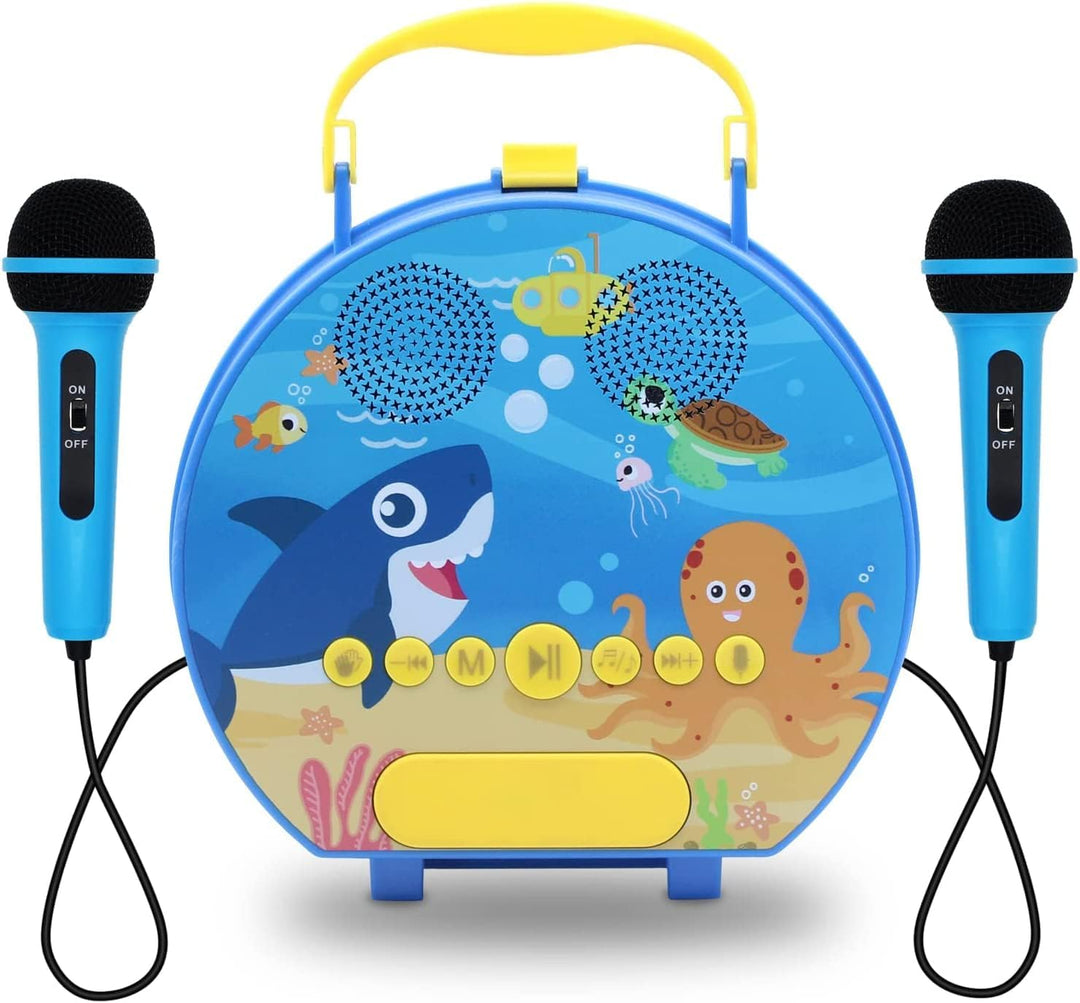 GOMINIMO Kids Portable Karaoke with Two Microphones (Round, Blue Shark)