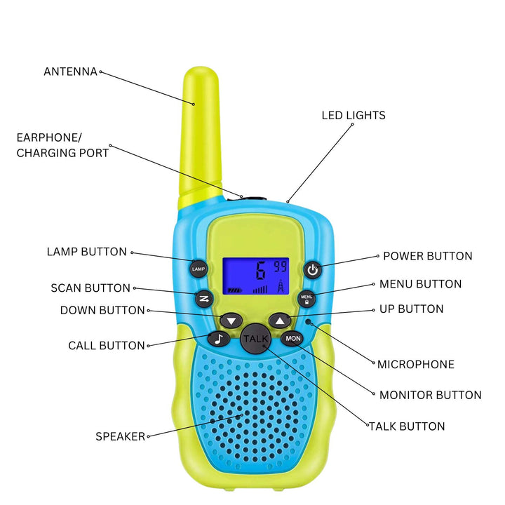 GOMINIMO 2 Pack Walkie Talkies for Kids with 40 Channels & LED Flashlight & LCD Screen (Blue and Green)