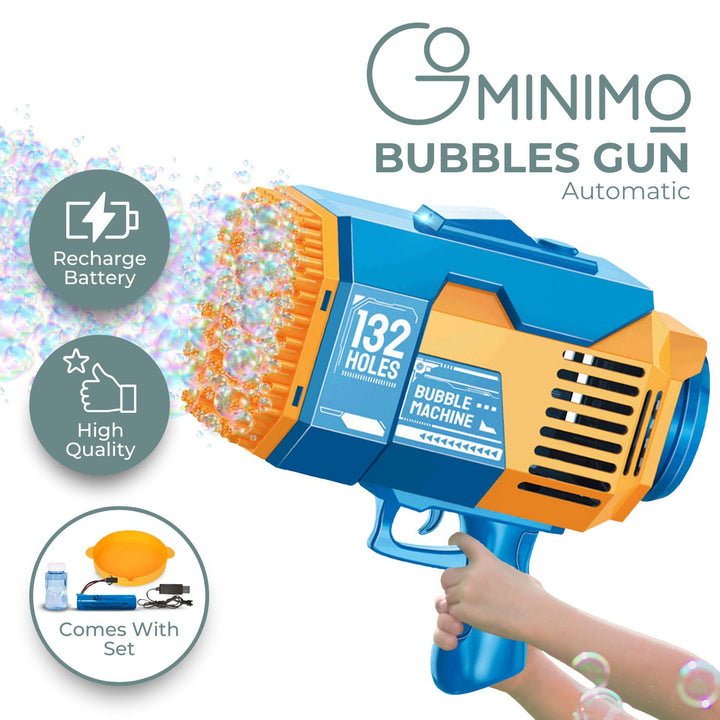 GOMINIMO 132 Holes Rechargeable Bubbles Machine Gun for Kids (Orange and Blue)