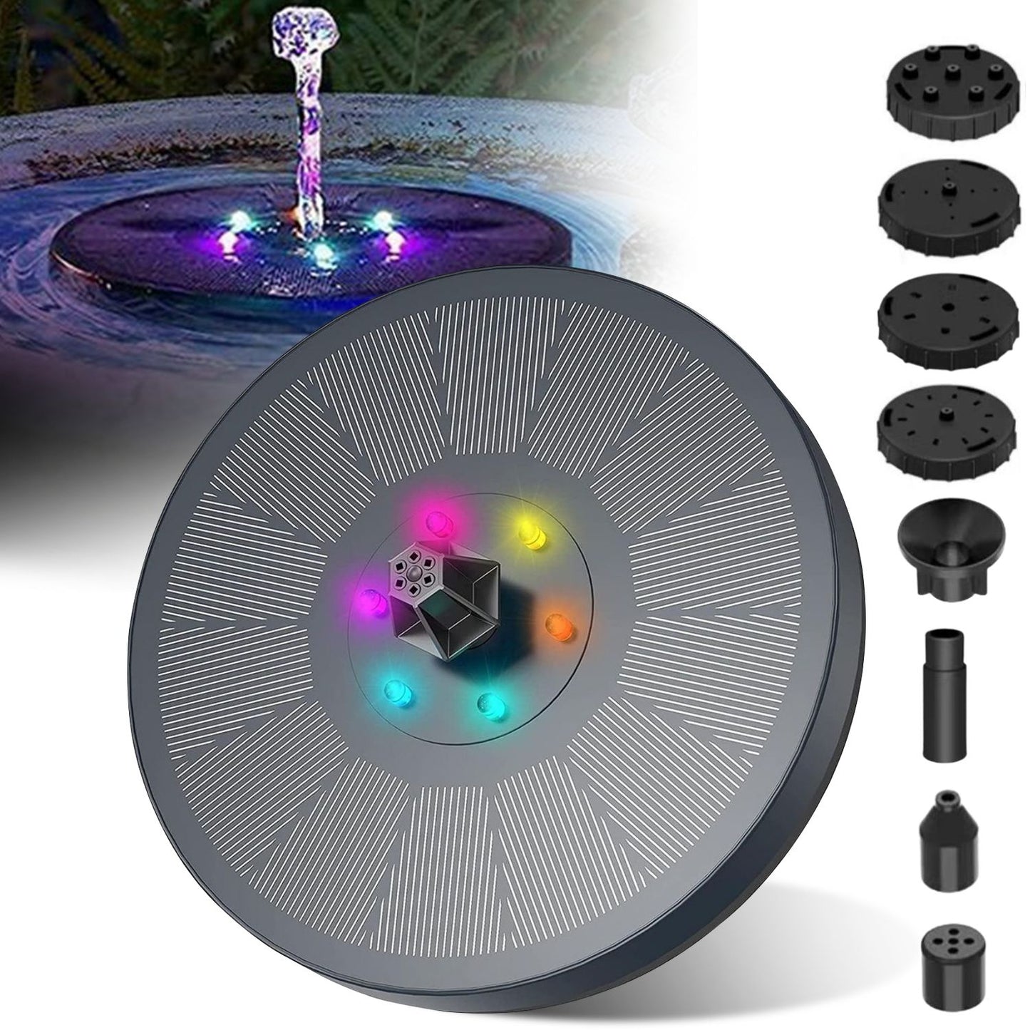 NOVEDEN Solar Fountain Water Pump for Bird Bath with RGB Color LED Lights (Black)