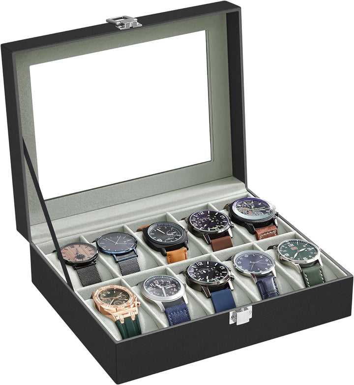 SONGMICS Watch Box for 10 Watches with Glass Lid and Removable Watch Pillows Black Synthetic Leather Grey Lining