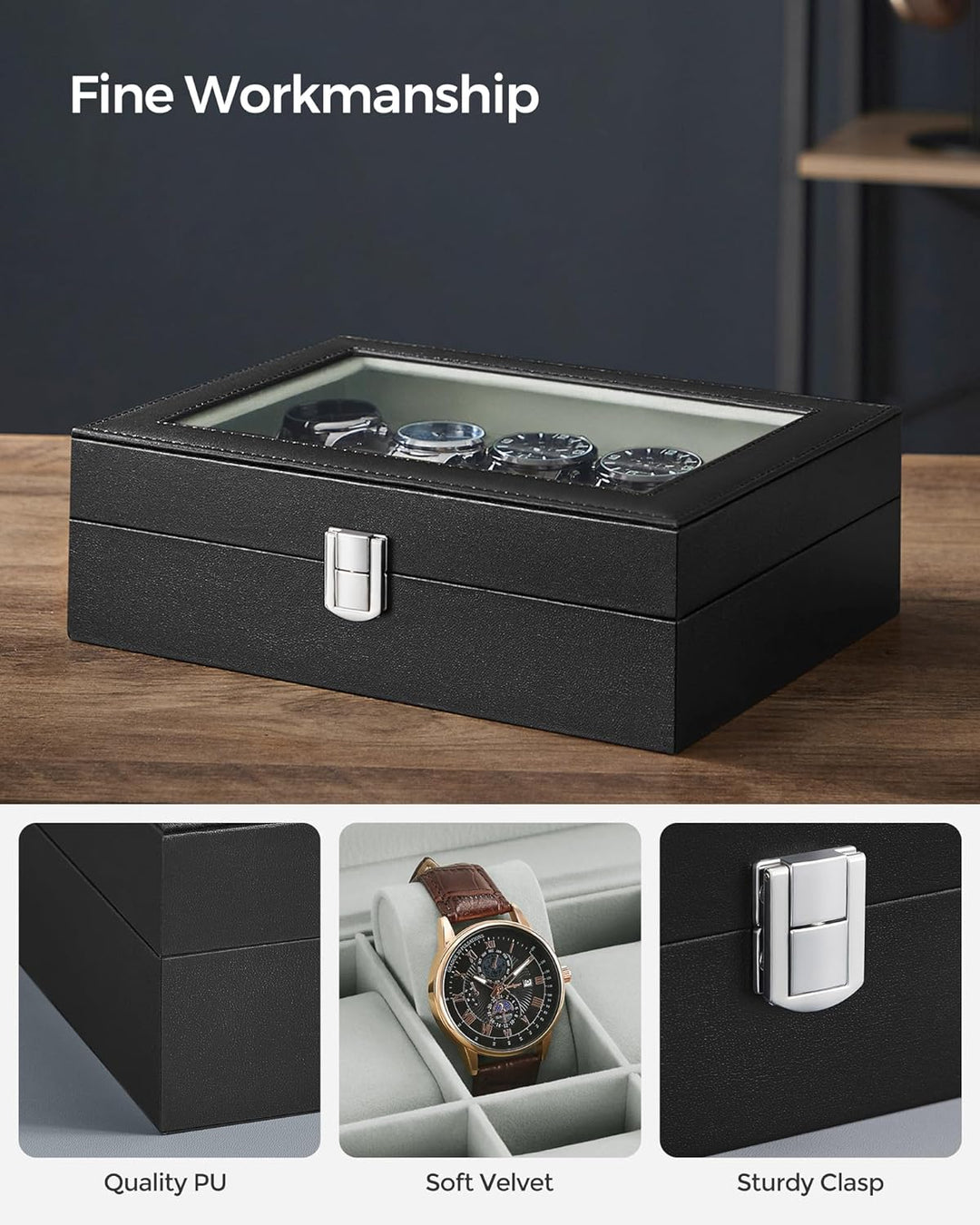 SONGMICS Watch Box for 10 Watches with Glass Lid and Removable Watch Pillows Black Synthetic Leather Grey Lining