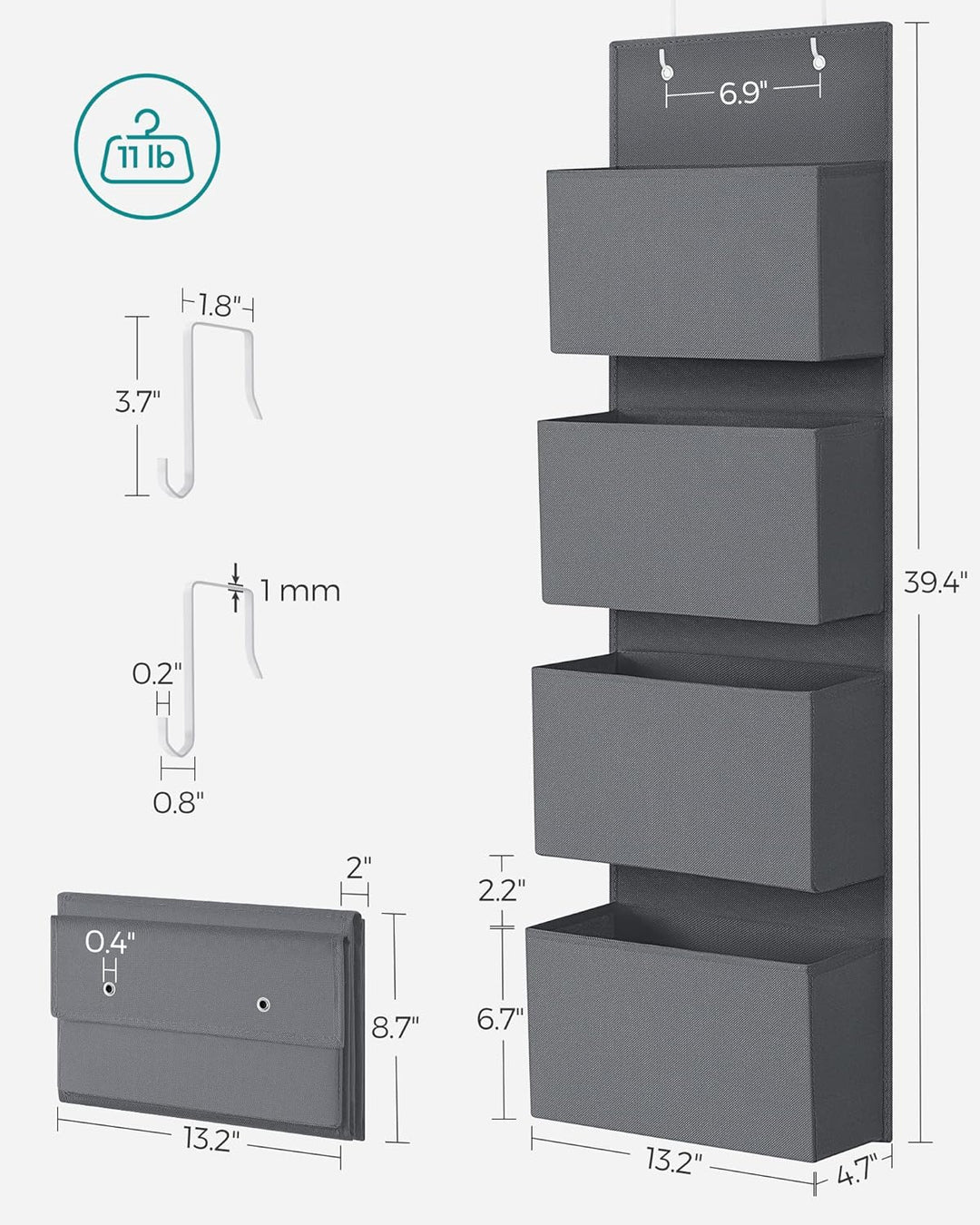 SONGMICS Hanging Closet Organizers and Storage with 4 Compartments Gray