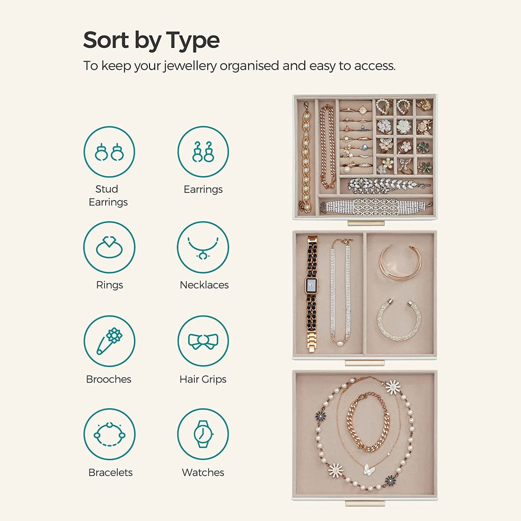 SONGMICS Jewelry Box 3-Layer with 2 Drawers Cloud White