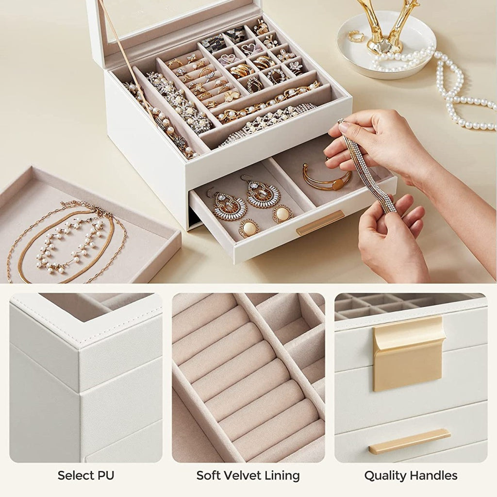 SONGMICS Jewelry Box 3-Layer with 2 Drawers Cloud White