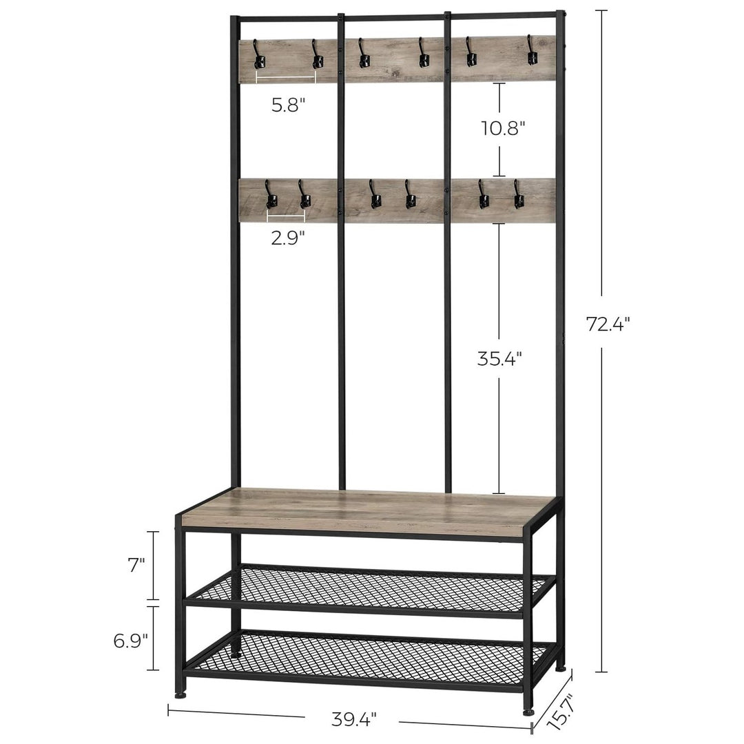 VASAGLE Large Coat Rack Stand with 12 Hooks and Shoe Bench Greige and Black