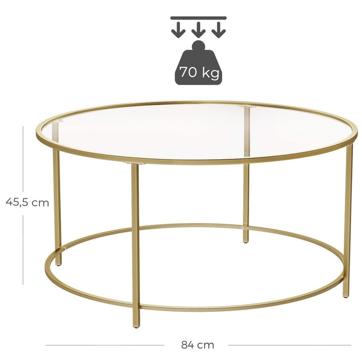 VASAGLE Round Coffee Table Glass Table with Steel Frame Gold