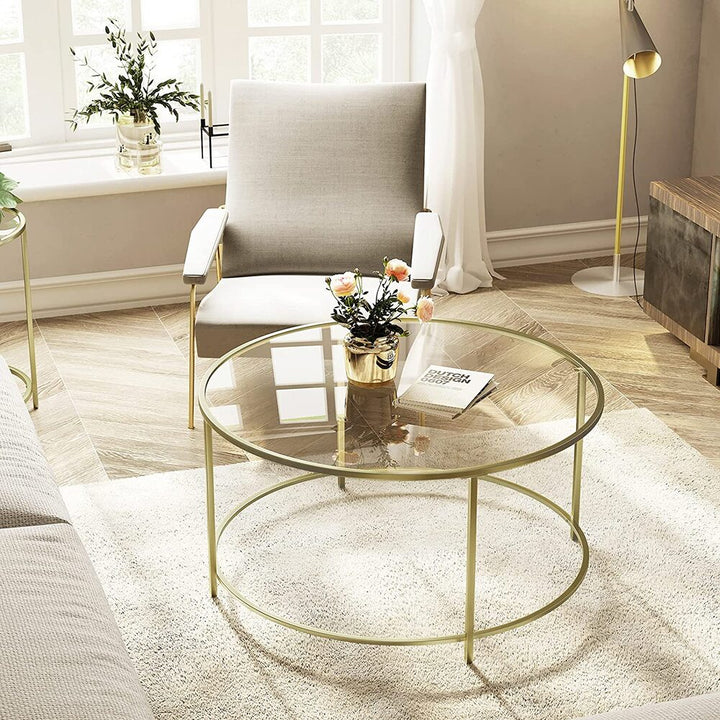 VASAGLE Round Coffee Table Glass Table with Steel Frame Gold