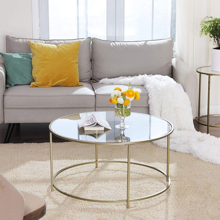 VASAGLE Round Coffee Table Glass Table with Steel Frame Gold