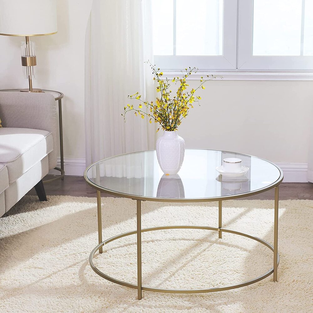 VASAGLE Round Coffee Table Glass Table with Steel Frame Gold