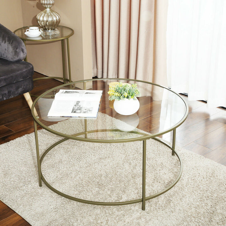 VASAGLE Round Coffee Table Glass Table with Steel Frame Gold