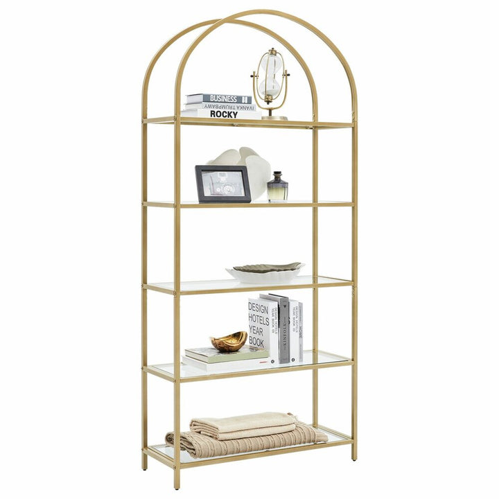 VASAGLE Bookshelf 5 Tier Tempered Glass with Gold Metal Frame