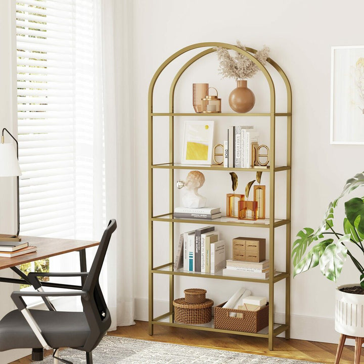 VASAGLE Bookshelf 5 Tier Tempered Glass with Gold Metal Frame