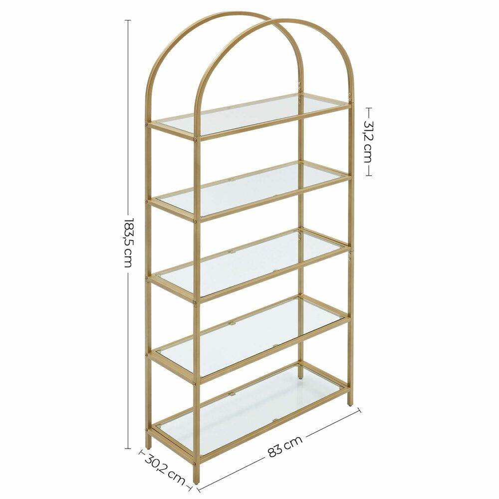 VASAGLE Bookshelf 5 Tier Tempered Glass with Gold Metal Frame