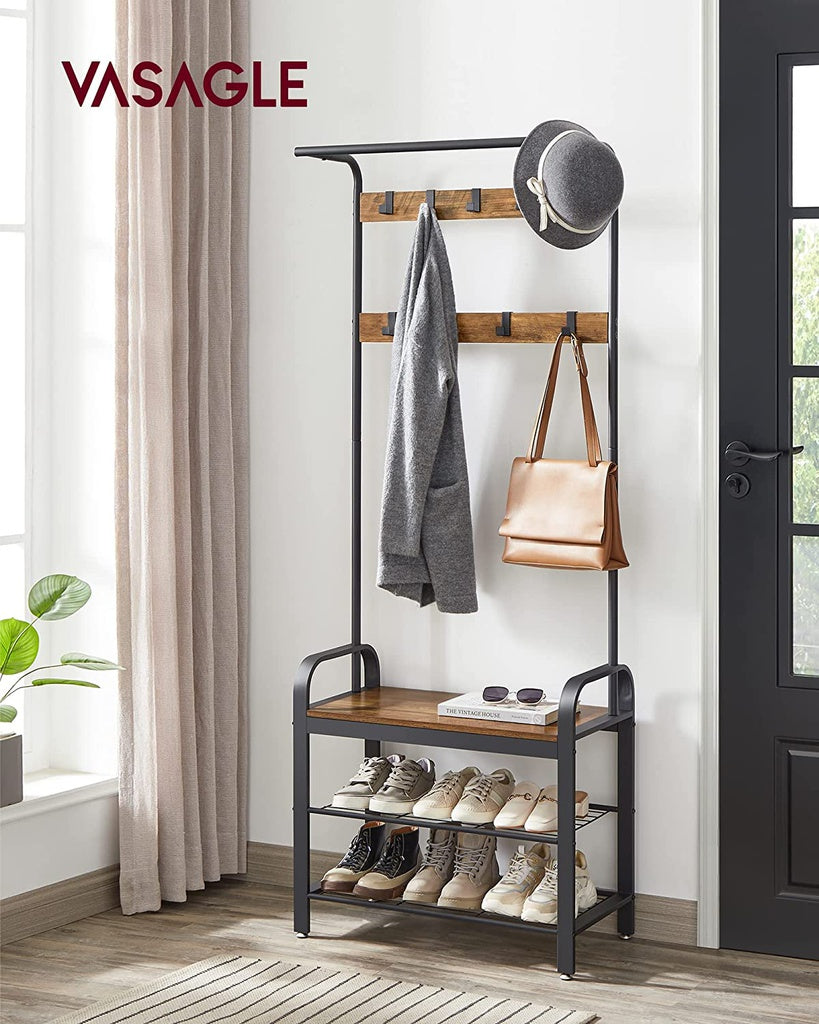 VASAGLE Coat Rack with Shoe Rack 183 cm Height Walnut Brown and Black