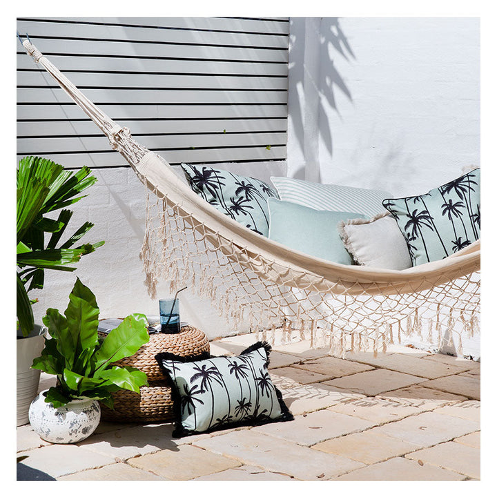 Cushion Cover-Coastal Fringe Black-Tall Palms Seafoam-45cm x 45cm