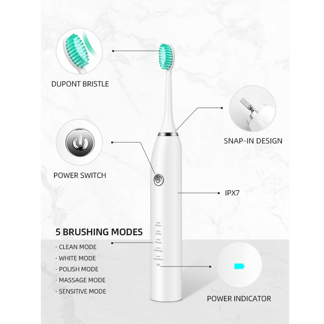 Sonic Electric Toothbrush White - Waterproof USB Charging 5 Modes 2 Heads + Case