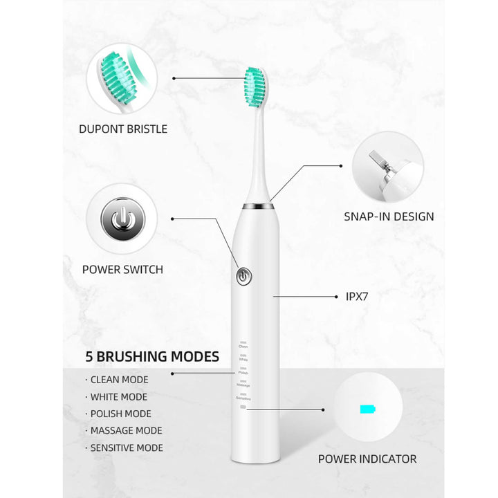 Sonic Electric Toothbrush White - Waterproof USB Charging 5 Modes 2 Heads + Case