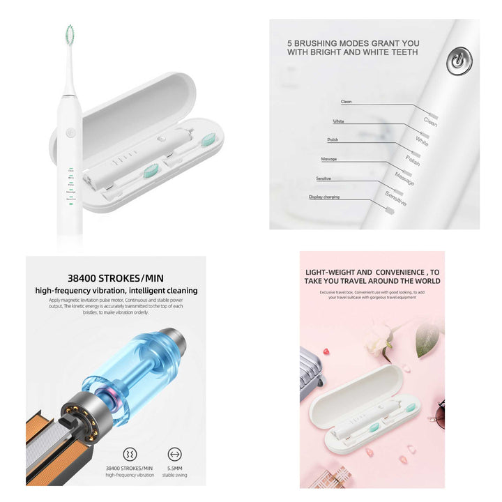 Sonic Electric Toothbrush White - Waterproof USB Charging 5 Modes 2 Heads + Case