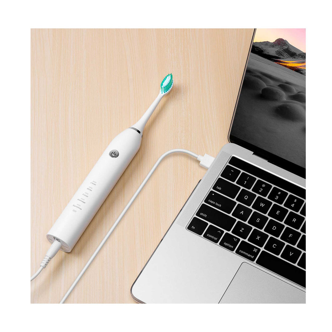 Sonic Electric Toothbrush White - Waterproof USB Charging 5 Modes 2 Heads + Case