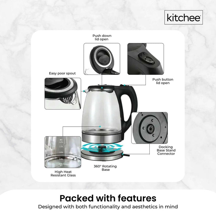 1.7L Electric Glass Kettle LED Blue Light 360 Automatic Cordless Water Boiling Jug