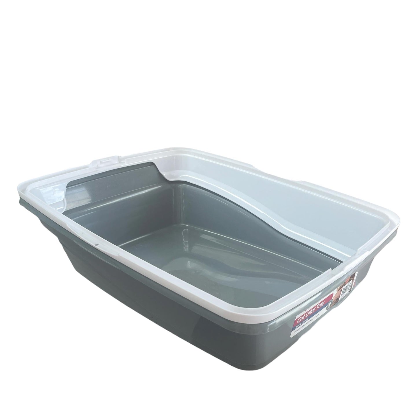 Cat Litter Tray Plastic 48x38.5x12cm Non Spill Mess Guard Rim Grey White Kitty Pan