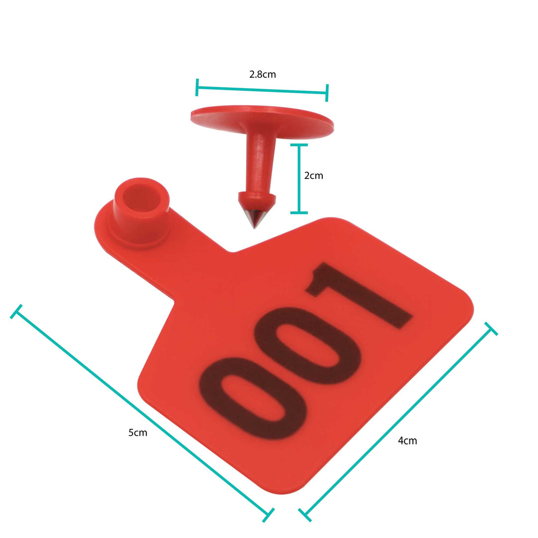 1-100 Cattle Number Ear Tags 5x4cm Set - Small Red Pig Goat Livestock Label