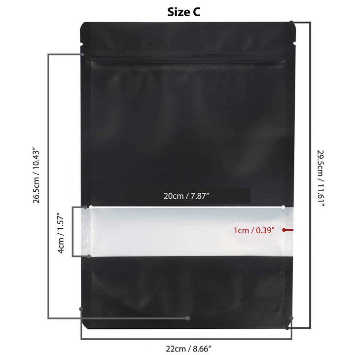 100 Resealable Mylar Stand Up Bags 29.5x22cm - Black Food Packaging Zip Pouch