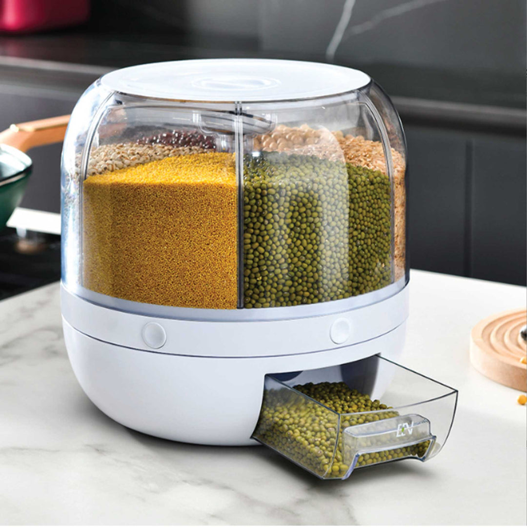 6 Grid Rotating Food Grain Dispenser 3.6L - Compartment Storage Container