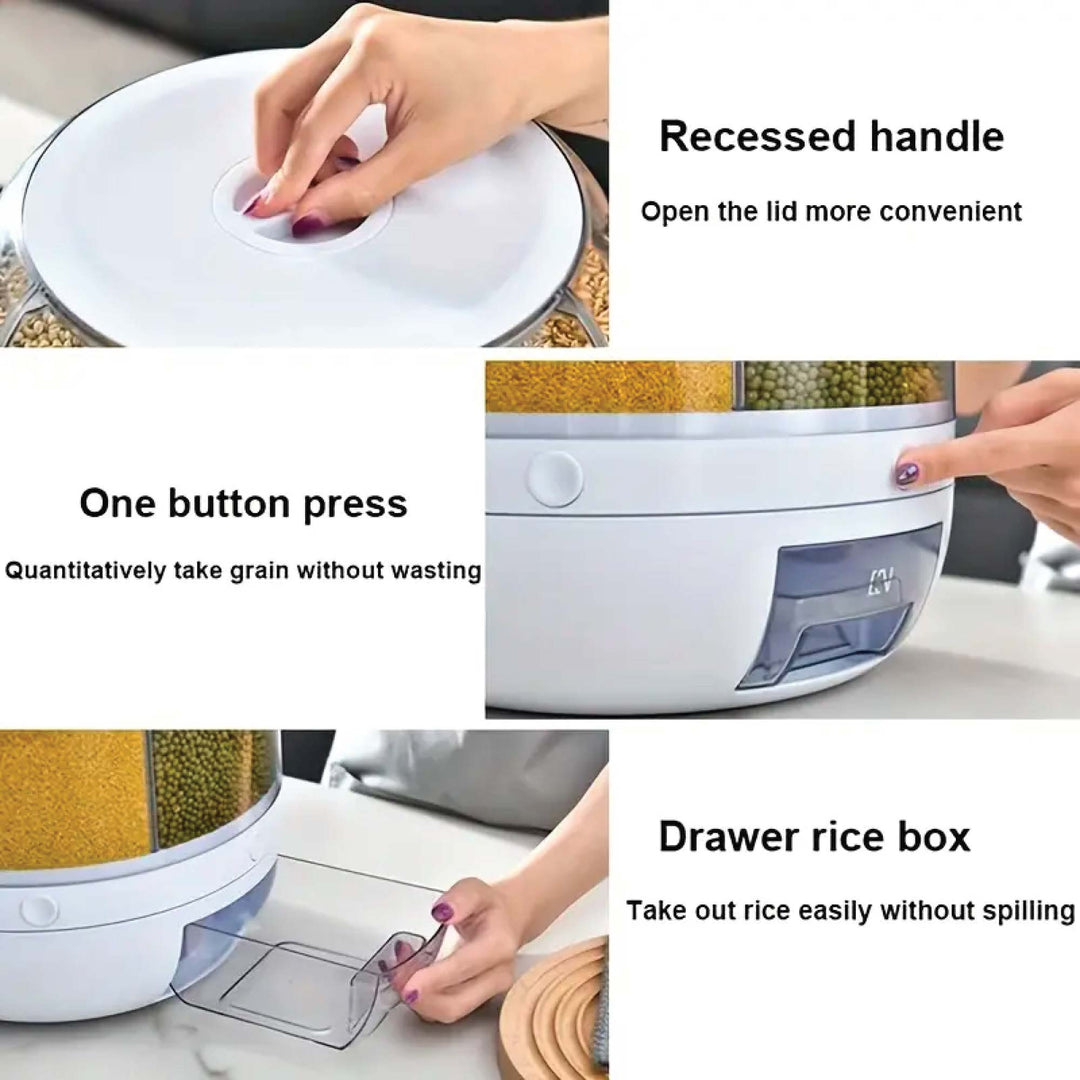 6 Grid Rotating Food Grain Dispenser 3.6L - Compartment Storage Container