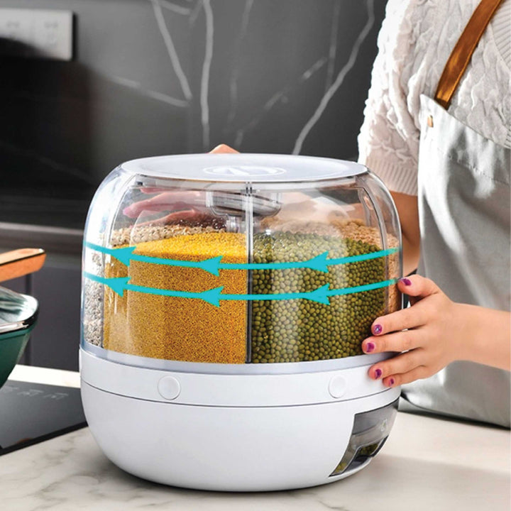 6 Grid Rotating Food Grain Dispenser 7.2L - Large Compartment Storage Container