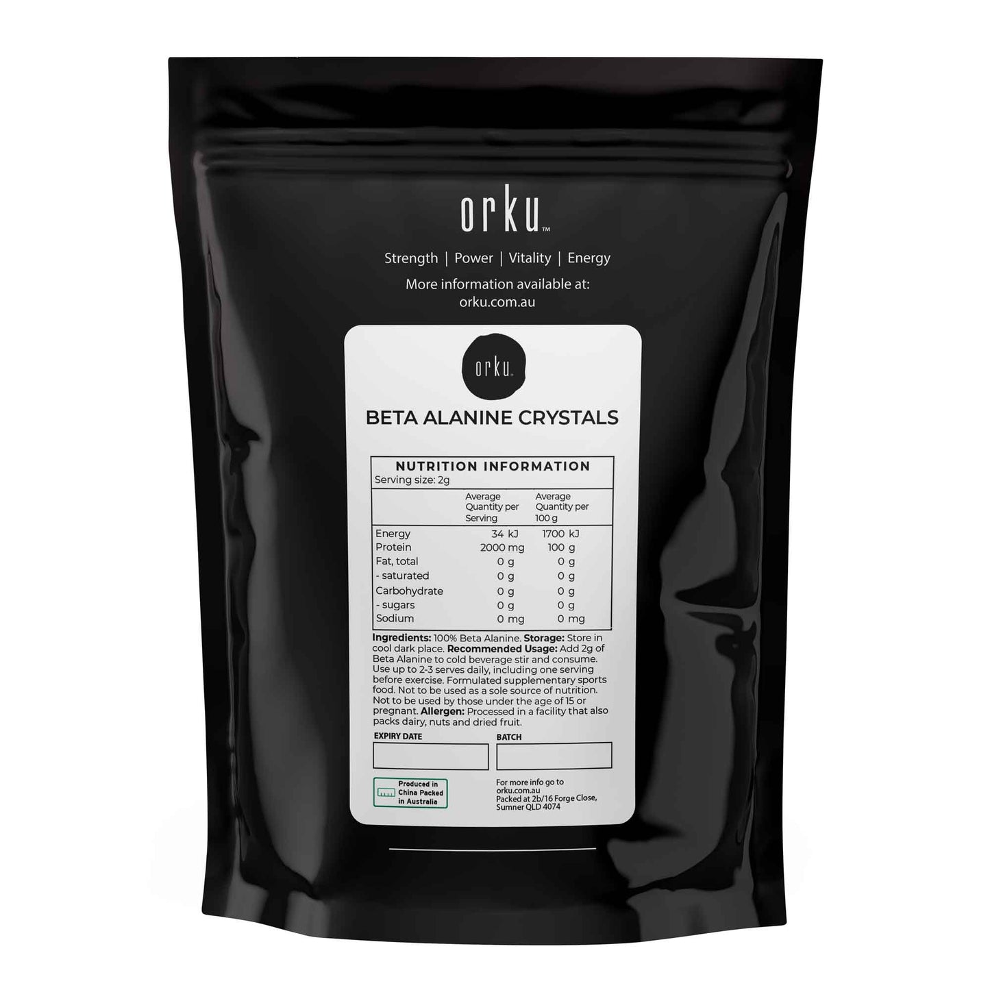 Orku 400g Beta Alanine Crystals - Pre Workout Lactic Acid Buffer Supplement